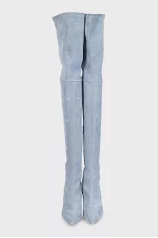 Light blue suede stiletto heeled over-the-knee boots