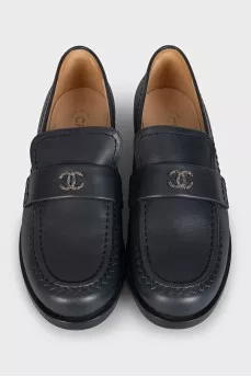 Black leather loafers with logo