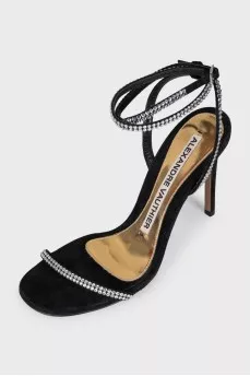 Textile sandals with rhinestones and stiletto heels