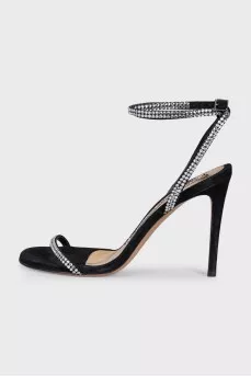 Textile sandals with rhinestones and stiletto heels