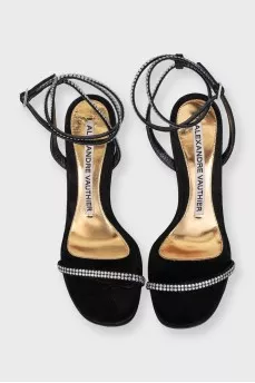 Textile sandals with rhinestones and stiletto heels