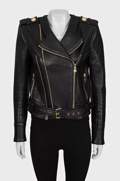 Leather jacket with gold buttons
