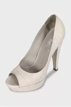 Grey leather open-toe shoes