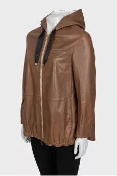 Leather jacket with drawstring