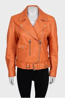 Orange leather jacket with a zipper