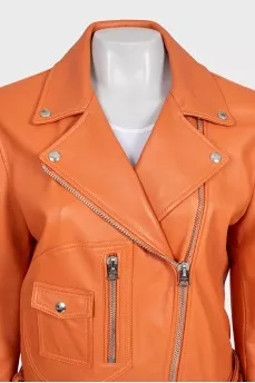 Orange leather jacket with a zipper