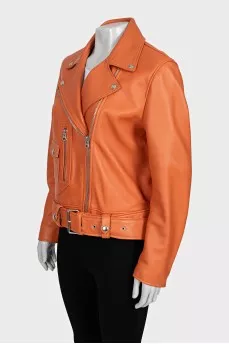 Orange leather jacket with a zipper