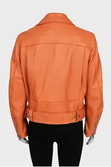 Orange leather jacket with a zipper