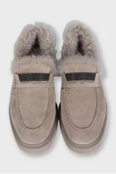 Insulated suede loafers with decor