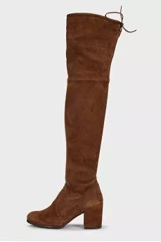 Brown suede over-the-knee boots with heels