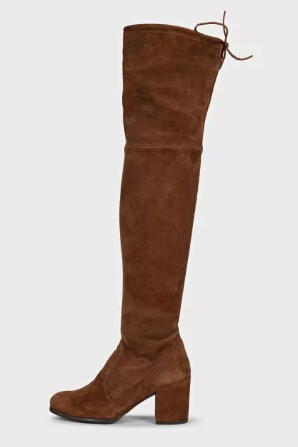 Brown suede over-the-knee boots with heels