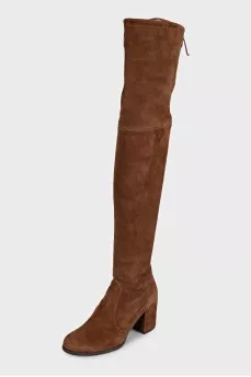 Brown suede over-the-knee boots with heels