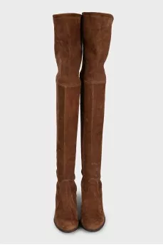 Brown suede over-the-knee boots with heels