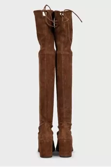 Brown suede over-the-knee boots with heels