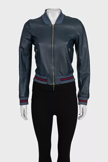 Blue leather bomber jacket