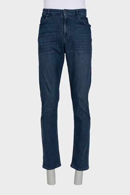 Men's dark blue jeans with leather jacron