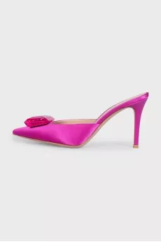 Pink satin mules decorated with crystal