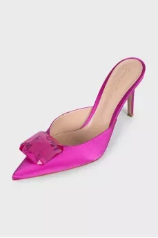 Pink satin mules decorated with crystal