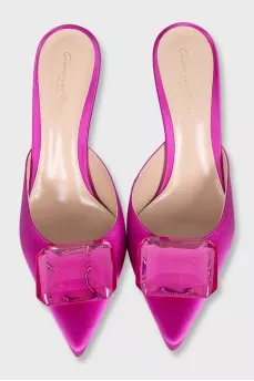 Pink satin mules decorated with crystal