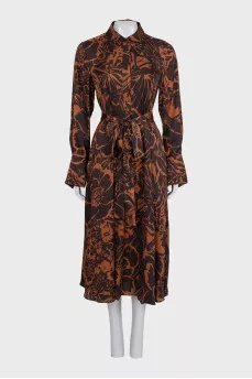 Brown printed long sleeve dress