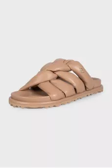 Woven leather slides with logo