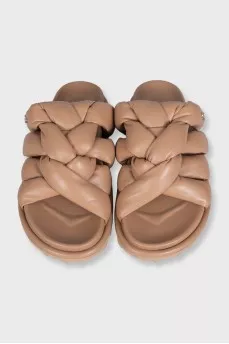 Woven leather slides with logo