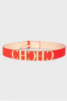 Red leather metallic brand logo belt