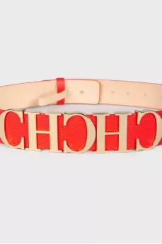 Red leather metallic brand logo belt