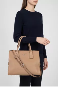 Brown leather tote with logo