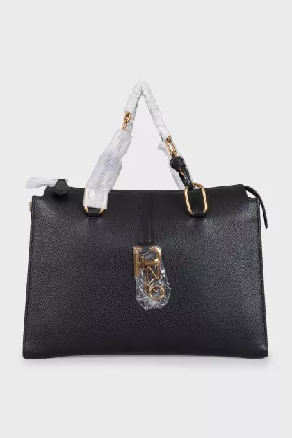 Black leather tote bag with tag