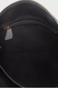 Black leather tote bag with tag