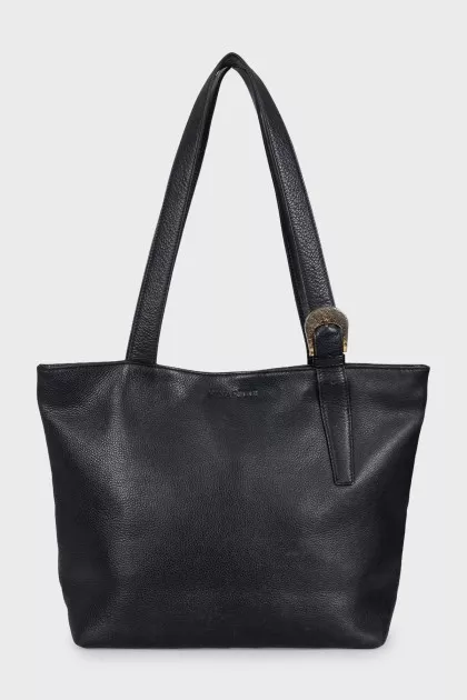 Black leather tote bag with gold buckle