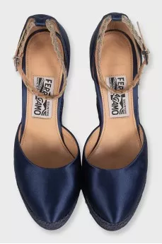Blue textile shoes with a woven wedge heel