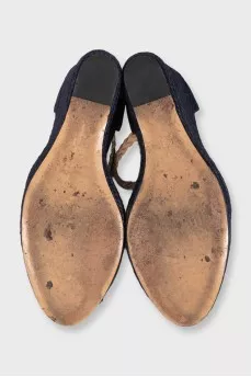 Blue textile shoes with a woven wedge heel