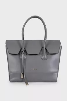 Gray leather tote with logo