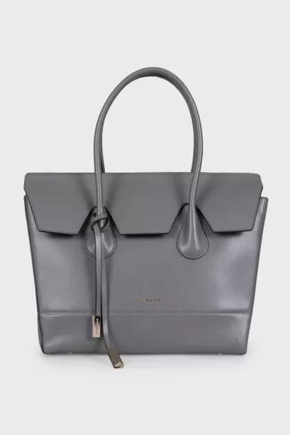 Gray leather tote with logo