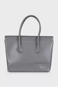 Gray leather tote with logo