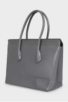 Gray leather tote with logo