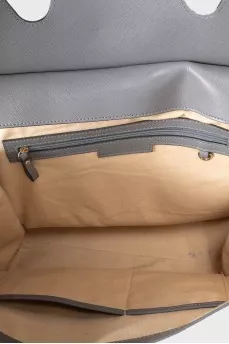 Gray leather tote with logo