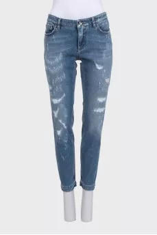 Рваные джинсы slim fit синего цвета на средней посадке