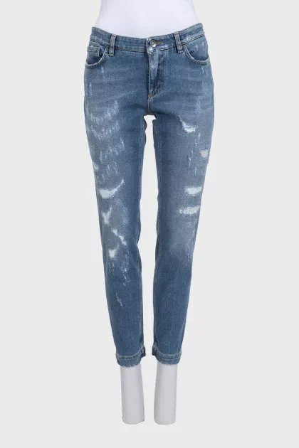 Рваные джинсы slim fit синего цвета на средней посадке