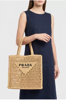 Woven raffia shopper with logo