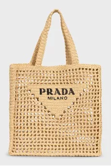 Woven raffia shopper with logo
