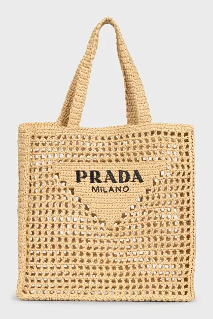 Woven raffia shopper with logo
