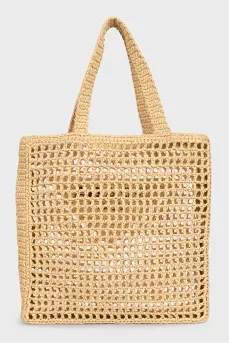 Woven raffia shopper with logo