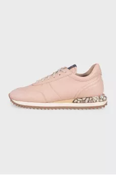 Pink leather sneakers decorated with crystals
