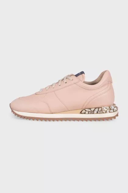 Pink leather sneakers decorated with crystals