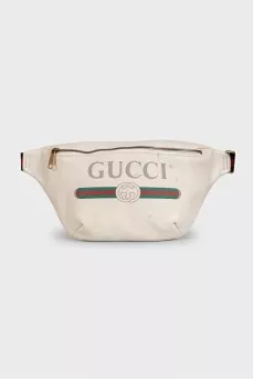 Men's white leather waist bag with logo