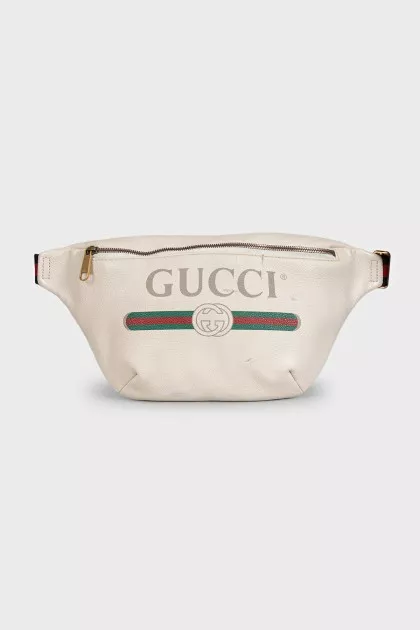 Men's white leather waist bag with logo