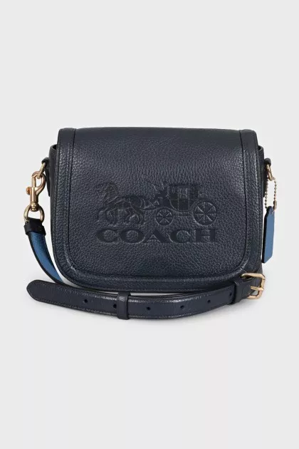 Blue leather bag with brand logo